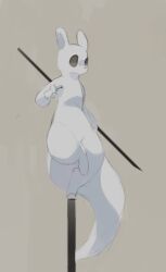  2021 ambiguous_gender black_eyes english_description fingers hirowo holding_object holding_staff one_leg_on_ground pose rain_world simple_background slugcat staff tail videocult white_body 