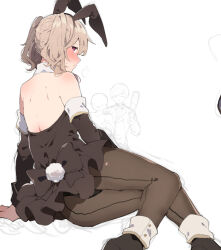  1boy 1other animal_ears back back_bow black_pantyhose bottle bow detached_sleeves female hand_on_another&#039;s_shoulder holding holding_bottle ikeuchi_tanuma loic_valentz original pantyhose playboy_bunny rabbit_ears rabbit_tail solo_focus tail tino_ashberry wine_bottle 