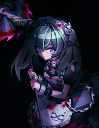  apron bangboo_(zenless_zone_zero) belt black_background black_bow black_dress blood blood_on_clothes blood_on_face blood_on_weapon blood_splatter bow chains circular_saw commentary_request corin_wickes crossed_bangs dress female frown green_hair hair_between_eyes highres holding holding_weapon long_hair looking_at_viewer maid maid_headdress makaroll puffy_short_sleeves puffy_sleeves purple_eyes saw screw_hair_ornament short_sleeves simple_background solo twintails weapon white_apron zenless_zone_zero 