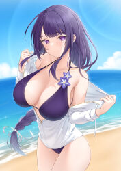  akira_(sayo_dayoo) alternate_costume bare_shoulders beach bikini blue_sky blush braid breasts cleavage commentary_request cowboy_shot day female genshin_impact highres jacket large_breasts long_hair looking_at_viewer outdoors paid_reward_available panties partially_unzipped purple_bikini purple_eyes purple_hair purple_panties raiden_shogun sky smile solo sunlight swimsuit underwear very_long_hair white_jacket 