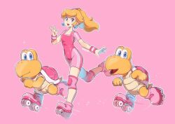  2others alternate_costume alternate_hairstyle blonde_hair blue_eyes bodysuit earrings female highres jewelry knee_pads koopa_troopa leotard long_hair looking_at_viewer mario_(series) multiple_others open_mouth pink_background pink_bodysuit pink_footwear pink_leotard pink_shorts pink_wristband ponytail princess_peach rolla_koopa roller_skates saiwo_(saiwoproject) short_sleeves shorts simple_background skates sphere_earrings super_mario_bros._wonder white_background workout_clothes 