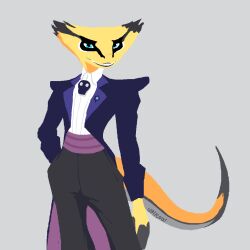  aliasing binary_drawing blue_eyes clothed clothing deadlock digital_media_(artwork) femboy jacket kali_(deadlock) looking_at_viewer male multicolored_body reptile scalie shaded simple_background simple_shading standing tail topwear uglycoal valve yellow_body 