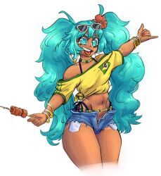  absurdres aqua_eyes aqua_hair bead_choker belly_chain bracelet brazilian_flag_print brazilian_miku cowboy_shot earrings female flower hair_flower hair_ornament hatsune_miku highres holding holding_skewer jewelry long_hair midriff navel off-shoulder_shirt off_shoulder open_fly print_shirt red_flower shaka_sign shirt simple_background skewer solo tan tanlines tchanmil tied_shirt tongue tongue_out twintails very_long_hair vocaloid white_background yellow_shirt 