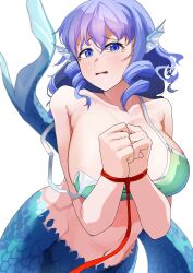  absurdres bare_shoulders blue_eyes blue_hair blush bound bound_arms breasts commentary_request drill_hair embarrassed female fins head_fins highres large_breasts looking_at_viewer mermaid monster_girl red_rope rope scared solo touhou urizaku3 wakasagihime wavy_hair white_background 