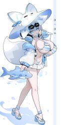  animal_ears aqua_nails bikini blue_bikini blue_eyes bow breasts crepe double-parted_bangs eyewear_on_head female food fox_ears fox_girl fox_tail full_body grey_hair hair_between_eyes hat hat_bow headphones headphones_around_neck highres holding holding_food huge_breasts inflatable_shark inflatable_toy jacket looking_at_viewer mamuru medium_hair nail_polish open_clothes open_jacket open_mouth original sandals skirt solo spilling striped_bikini striped_clothes sun_hat sunglasses swimsuit tail toenail_polish toenails walking white_background white_hat white_jacket 