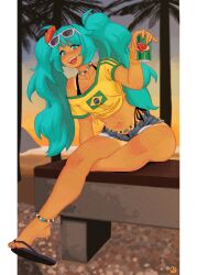  absurdres aqua_eyes aqua_hair asakiiart bare_legs bead_choker belly_chain bench black_footwear bracelet brazilian_flag brazilian_flag_print brazilian_miku can eyewear_on_head female flip-flops green_nails guarana_antarctica hatsune_miku highres holding holding_can jewelry long_hair looking_at_viewer midriff multiple_bracelets navel off-shoulder_shirt off_shoulder open_mouth print_shirt sandals shirt short_sleeves smile solo sunglasses tied_shirt tree twintails very_long_hair vocaloid white-framed_eyewear yellow_nails yellow_shirt 