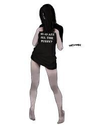  artist_name bare_legs black_hair black_shirt bottomless clothes_writing female full_body ghost ghost_girl hair_over_eyes hair_over_face hair_over_one_eye highres long_hair long_shirt photo-referenced shirt signature solo t-shirt the_ring twitter_username virtuware white_background wide-eyed yamamura_sadako 