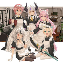  >:) 3d_background 5girls ;d ahoge animal_ear_fluff animal_ears antenna_hair apron black_dress black_garter_straps black_hairband black_horns black_kimono black_thighhighs blonde_hair blue_eyes bow braid braided_bangs braided_bun breasts center-flap_bangs cleavage closed_mouth comiket_101 commentary_request demon_horns detached_collar double-parted_bangs double_bun dress enmaided framed_breasts frilled_apron frilled_dress frills full_body garter_straps green_eyes grey_hair hair_between_eyes hair_bun hair_ornament hairband hairbow hairclip hakui_koyori haniwa_(leaf_garden) head_wings hexagon_hair_ornament highres holding holding_sword holding_weapon hololive holox horns japanese_clothes jersey_maid katana kazama_iroha kimono kimono_skirt la+_darknesss large_breasts long_dress long_hair long_sleeves looking_at_viewer maid maid_apron maid_cafe maid_headdress medium_hair multicolored_bow multiple_girls neckerchief one_eye_closed open_mouth outside_border pink_hair pink_wings pointy_ears ponytail purple_eyes purple_streaks red_eyes sakamata_chloe shirt short_dress short_hair short_kimono side_braid sidelocks single_hair_streak skirt_hold sleeve_garter small_breasts smile striped_horns sword tail takane_lui thighhighs unconventional_maid underbust v-shaped_eyebrows very_long_hair virtual_youtuber wa_maid waist_apron wavy_hair weapon white_apron white_shirt white_thighhighs wings wispy_bangs wolf_ears wolf_girl wolf_tail x_hair_ornament yellow_eyes yellow_neckerchief zettai_ryouiki 