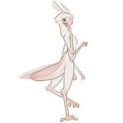  2_fingers 3_toes 4_arms alien ambiguous_gender antennae_(anatomy) anthro arm_tuft arthropod arthropod_abdomen black_eyes chest_tuft elbow_tuft feet fingers fluffy fur gradient_fur hair hand_on_cheek hi_res insects leg_tuft lepidopteran looking_at_viewer looking_back looking_back_at_viewer moth multi_arm multi_limb nychora pink_body pink_skin pink_wings short_hair slim solo standing tall tateoftot toes translucent translucent_wings tuft white_body white_fur wings 