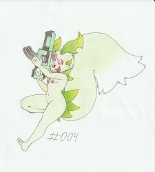  absurd_res anthro anthrofied empty_eyes featureless_chest featureless_crotch female forehead_gem foxydraws gem green_body gun happy hi_res holding_gun holding_object holding_ranged_weapon holding_weapon leaf leaf_ears lifmunk nude open_mouth pal_(species) palworld pocketpair ranged_weapon red_eyes running simple_background solo submachine_gun traditional_media_(artwork) weapon white_background 