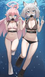  2girls absurdres ahoge air_bubble animal_ear_fluff animal_ears bikini black_bikini blue_archive blue_eyes blue_halo breasts bubble cross_hair_ornament diving_regulator dolri double_v extra_ears flippers grey_hair hair_ornament halo heterochromia highres hoshino_(blue_archive) long_hair medium_breasts mismatched_pupils multiple_girls navel oxygen_tank pink_bikini pink_hair pink_halo scuba scuba_gear shiroko_(blue_archive) short_hair small_breasts swimsuit underwater v wolf_ears yellow_eyes 