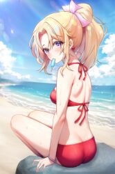  absurdres ass back beach bikini blonde_hair blue_sky blush bra bracelet cloud earrings female final_fantasy final_fantasy_vi food food_in_mouth hair_ornament hair_ribbon highres jewelry long_hair looking_at_viewer ocean panties ponytail popsicle popsicle_in_mouth purple_eyes red_bikini red_bra red_panties reflection ribbon sand sitting sky solo swimsuit terra_branford underwear yua_666666 