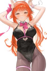  absurdres armpits bare_shoulders black_leotard black_pantyhose blush bow bowtie breasts chan1moon clothing_cutout commission cuffs detached_collar female from_below handcuffs hands_up heart_cutout highres indie_virtual_youtuber large_breasts leotard long_hair orange_eyes orange_hair pantyhose pillowdear pink_bow pink_bowtie pink_ribbon pixiv_commission playboy_bunny ribbon simple_background teeth virtual_youtuber white_background 