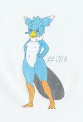  2024 anthro anthrofied beak blue_body blue_eyes breasts colored_pencil_(artwork) empty_eyes featureless_breasts featureless_crotch female foxydraws fuack hands_on_hips hi_res looking_at_viewer multicolored_body nude pal_(species) palworld pocketpair simple_background solo standing traditional_media_(artwork) two_tone_body white_background white_body 