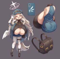  absurdres bag belt black_background black_footwear black_shirt blue_hat blue_jacket boots breasts cellphone elomil feathered_wings female gigantic_breasts half-closed_eyes halo hat head_tilt highres holster jacket multiple_views open_clothes open_jacket oppai_loli original pantyhose phone red_eyes shirt short_sleeves sideboob simple_background single_wing sleeveless smartphone standing thigh_holster underboob vial waving white_pantyhose white_wings wings 