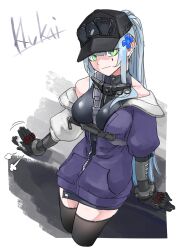  absurdres baseball_cap beckoning black_gloves black_hat blue_hair breasts character_name closed_mouth commentary cropped_legs cross_hair_ornament english_commentary female girls&#039;_frontline girls&#039;_frontline_2:_exilium gloves green_eyes hair_ornament hat highres hk416_(girls&#039;_frontline) jacket light_smile long_hair looking_at_viewer multicolored_clothes multicolored_jacket off_shoulder partially_unzipped patting ponytail purple_jacket sidelocks simple_background smile solo sugac teardrop_facial_mark teardrop_tattoo two-tone_jacket white_background white_jacket 