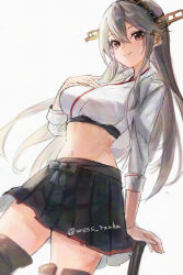  black_gloves black_hair boots breasts brown_eyes closed_mouth dutch_angle female gloves hair_between_eyes hair_ornament hairclip haruna_(kancolle) haruna_(race_queen)_(kancolle) headgear kantai_collection large_breasts long_hair long_sleeves looking_at_viewer midriff navel pleated_skirt skirt smile solo thigh_boots white_background wss_(nicoseiga19993411) 