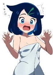  bare_shoulders black_hair blue_eyes blush breasts colored_inner_hair commentary_request cowlick eyelashes female grey_towel hair_ornament hairclip hands_up highres imminent_wardrobe_malfunction liko_(pokemon) looking_down multicolored_hair naked_towel open_mouth pokemon pokemon_(anime) pokemon_horizons simple_background solo swept_bangs tonbi_(enbitonbi) tongue towel translation_request trembling white_background 