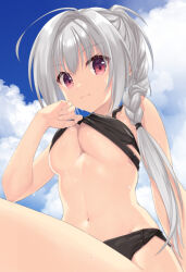  :3 arm_at_side bikini bikini_pull bikini_top_pull black_bikini blue_sky braid braided_ponytail breasts cleavage closed_mouth clothes_pull cloud commentary_request cowlick day dracu-riot! elena_olegovna_owen eyes_visible_through_hair female grey_hair hair_between_eyes hair_intakes hair_over_shoulder hand_up kobuichi long_hair looking_at_viewer medium_breasts navel official_art outdoors ponytail pulling_own_clothes red_eyes sky smile solo stomach summer sweat swimsuit underboob upper_body 