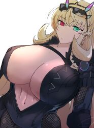  abs absurdres barghest_(exhibition_attire)_(fate) barghest_(fate) black_bodysuit blonde_hair bodysuit breasts center_opening fate/grand_order fate_(series) female fur_collar green_eyes heterochromia highres horns huge_breasts kankitsu_kei long_hair looking_at_viewer muscular muscular_female navel red_eyes solo sunglasses 