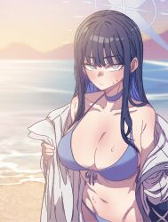  absurdres anygatsby bare_shoulders beach bikini black_hair blue_archive blue_bikini blue_choker blue_eyes blue_hair blue_halo blush breasts choker cleavage coat collarbone colored_inner_hair female front-tie_bikini_top front-tie_top groin halo highres large_breasts long_hair looking_at_viewer multicolored_hair navel saori_(blue_archive) solo swimsuit white_coat 