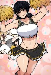  1boy 2girls black_hair black_skirt blonde_hair breasts chainsaw_man cheerleader crop_top denji_(chainsaw_man) frown hair_over_one_eye highres jealous kaiba&#039;s_defeat_(meme) long_hair mark_gavatino meme mitaka_asa multiple_girls nayuta_(chainsaw_man) paid_reward_available pleated_skirt pom_pom_(cheerleading) screaming shirt short_hair sidelocks skirt variant_set white_shirt yellow_eyes 