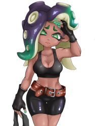  armor belt bike_shorts cosplay dark-skinned_female dark_skin female fingerless_gloves gloves looking_at_viewer marina_(splatoon) sheoknight solo splatoon_(series) standing takozonesu takozonesu_(cosplay) tentacle_hair 