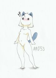  ?! anthro anthrofied black_eyes blue_ears blue_tail blush breasts empty_eyes featureless_breasts featureless_crotch female foxydraws fur hi_res mouthless noseless nude pal_(species) palworld pocketpair simple_background small_breasts solo standing swee tail traditional_media_(artwork) white_background white_body white_fur 