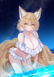  alternate_costume animal_ears bare_shoulders bikini blonde_hair blush breasts cleavage collarbone commentary_request female fox_ears fox_girl fox_tail frilled_bikini frills hair_between_eyes highres kitsune kyuubi large_breasts leaning_forward looking_at_viewer multiple_tails night night_sky ocean off-shoulder_bikini off_shoulder open_mouth outdoors sarasadou_dan short_hair sky slit_pupils solo swimsuit tail touhou wading yakumo_ran yellow_eyes 