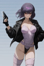  belt black_hair breasts female fingerless_gloves ghost_in_the_shell gloves gun handgun highleg highleg_leotard holding jacket kiya_hajime kusanagi_motoko leotard looking_at_viewer purple_hair red_eyes short_hair solo thighhighs twitter_username weapon 