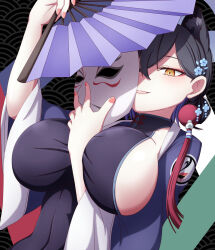  animal_ears between_breasts black_dress black_hair blue_archive breasts china_dress chinese_clothes colored_inner_hair commentary_request dress extra_ears female folding_fan hair_between_eyes hair_ornament halo hand_fan hasebe_akira highres holding holding_fan kaguya_(blue_archive) large_breasts looking_at_viewer multicolored_hair purple_hair sideboob solo yellow_eyes 