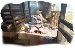  animal animal_print arm_support azur_lane belt bikini bikini_under_clothes bird blue_sky boots braid breasts chungu cleavage cow_print cowboy_hat day fargo_(azur_lane) fargo_(dairy_in_the_dreary_sun)_(azur_lane) female full_body gun hat highres indoors large_breasts long_hair looking_at_viewer manjuu_(azur_lane) milk navel official_art revolver short_shorts shorts sky squatting stomach swimsuit thighs tree twin_braids twintails weapon wooden_floor 