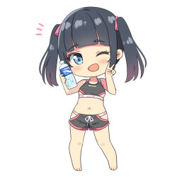  ;d bare_arms bare_shoulders barefoot black_hair black_shorts blue_eyes blush bottle breasts clothes_writing commentary_request english_text female full_body hands_up hatsunatsu head_tilt hip_vent holding holding_bottle navel notice_lines one_eye_closed original short_shorts shorts small_breasts smile solo standing twintails v water_bottle x_navel 