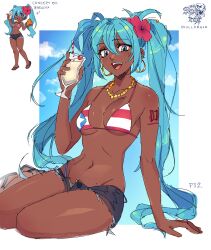  absurdres black_shorts blue_eyes blue_hair borrowed_design cherry cup dark-skinned_female dark_skin drinking_straw earrings female flower food fruit hair_flower hair_ornament hatsune_miku highres holding holding_cup hoop_earrings jewelry long_hair looking_at_viewer necklace open_mouth pink_flower puerto_rican_flag puerto_rican_flag_bikini reference_inset shorts sitting skull_fraxr smile solo twintails very_long_hair vocaloid yokozuwari 