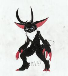  absurd_res ankle_tuft anthro anthrofied antlers big_claws black_body black_fur black_hair breasts claw_fingers claws digitigrade dipstick_tail featureless_breasts featureless_crotch female foxydraws fur hair hi_res horn leg_tuft loupmoon markings neck_tuft nude pal_(species) palworld pocketpair simple_background solo standing tail tail_markings traditional_media_(artwork) tuft white_background white_body white_fur 