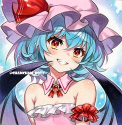  arm_cuffs bare_shoulders bat_wings blue_hair blush breasts brooch chacham detached_collar dress female frilled_dress frills grin hair_between_eyes hat hat_ribbon jewelry looking_at_viewer mob_cap oerba_yun_fang open_mouth pink_hat red_eyes red_ribbon remilia_scarlet ribbon short_hair small_breasts smile solo strapless strapless_dress teeth touhou twitter_username upper_body white_dress wings 