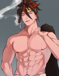  1boy abs anton_ivanov artist_name black_hair black_headband black_shirt cigarette collarbone commentary_request grey_background hair_between_eyes hanako_(hanahanako03) hand_up headband highres holding holding_shirt holding_unworn_clothes looking_at_viewer male_focus mouth_hold multicolored_hair navel nipples open_mouth pectorals pubic_hair pubic_hair_peek red_eyes red_hair shirt simple_background smoke smoking solo spiked_hair stomach streaked_hair striped_headband topless_male unworn_shirt upper_body v-shaped_eyebrows yellow_headband zenless_zone_zero 