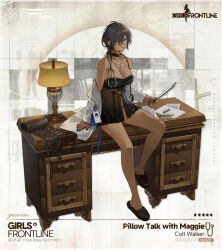  babydoll bahao_diqiu black_choker black_hair black_nails black_panties black_ribbon breasts character_name choker clipboard colt_walker_(girls&#039;_frontline) colt_walker_(pillow_talk_with_maggie)_(girls&#039;_frontline) dark-skinned_female dark_skin desk drawer earrings eyebrows_hidden_by_hair female girls&#039;_frontline green_eyes grin highres holding holding_clipboard id_card jewelry lab_coat lace lace_choker lace_trim lamp lanyard large_breasts looking_at_viewer medium_hair messy_hair necklace necklace_between_breasts official_alternate_costume official_art on_desk panties paper pen ribbon sitting slippers smile stethoscope stud_earrings sweat tools tsurime underwear wooden_desk 