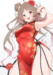  absurdres ahoge alternate_costume arknights armpits breasts brown_hair china_dress chinese_clothes commentary_request covered_navel dress eyjafjalla_(arknights) female flower gradient_hair hair_bun highres horns long_hair looking_at_viewer medium_breasts multicolored_hair open_mouth pcaccount13 pelvic_curtain pink_hair red_dress red_eyes red_flower single_hair_bun smile solo thighs white_horns 