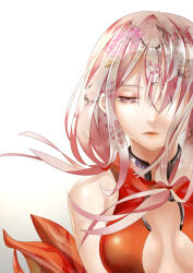  bare_shoulders breasts center_opening cleavage female floating_hair floral_print guilty_crown hair_ornament hairclip half-closed_eyes herbarium highres long_hair looking_at_viewer medium_breasts open_mouth parted_lips patterned_hair pink_hair red_eyes simple_background solo upper_body user_sehr3523 white_background yuzuriha_inori 