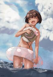  :d ^_^ artist_name bare_shoulders blue_sky blunt_bangs blunt_ends blurry bob_cut bokeh brown_hair brown_hat chin_strap closed_eyes cloud collarbone completely_nude convenient_censoring covering_breasts covering_privates cowboy_shot cumulonimbus_cloud depth_of_field dripping dutch_angle female from_below groin hair_ribbon hand_on_own_chest hat head_tilt highres holding holding_hat holding_swim_ring holding_unworn_clothes leaning_forward leaning_to_the_side navel nude ocean open_mouth original pictsel pink_ribbon plaid_clothes plaid_headwear ribbon shiny_skin short_hair signature sky smile solo standing sun_hat swim_ring teeth transparent_innertube twitter_username upper_teeth_only wading water water_drop wet wind 