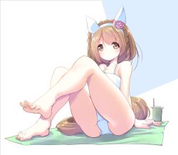  animal_ears barefoot blush braid breasts brown_eyes brown_hair closed_mouth collarbone crown_braid cup female full_body horse_ears horse_tail looking_at_viewer medium_breasts medium_hair simple_background sitting smile solo swimsuit tail umamusume usapenpen2019 white_background yukino_bijin_(umamusume) 