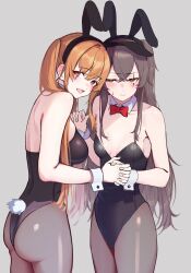  2girls 3_small_spiders absurdres alternate_costume animal_ears ass backless_leotard black_leotard black_pantyhose blush bow bowtie breasts breasts_apart brown_eyes brown_hair closed_mouth commentary detached_collar embarrassed fake_animal_ears fake_tail girls&#039;_frontline grey_background highres holding_hands leotard long_hair looking_at_viewer medium_breasts multiple_girls oerba_yun_fang one_side_up open_mouth orange_hair pantyhose playboy_bunny rabbit_ears rabbit_tail red_bow red_bowtie red_eyes scar scar_across_eye scar_on_face simple_background skin_fang small_breasts sweatdrop tail twintails ump45_(girls&#039;_frontline) ump9_(girls&#039;_frontline) white_wrist_cuffs wrist_cuffs 