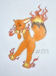  2024 3_toes absurd_res anthro breath_powers chest_tuft closed_eyes colored_pencil_(artwork) elemental_manipulation featureless_crotch feet female fire fire_breathing fire_manipulation flaming_tail foxparks foxydraws fur hi_res nude orange_body orange_fur pal_(species) palworld pocketpair simple_background solo tail toes traditional_media_(artwork) tuft white_background 