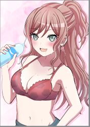  absurdres bang_dream! blush border bottle bra breasts brown_hair cleavage commentary_request female green_eyes grey_border half_updo highres holding holding_bottle imai_lisa long_hair looking_at_viewer medium_breasts navel open_mouth partial_commentary pocari_sweat red_bra sandman_(gm4zfijcwbz3g4y) sidelocks solo sparkle stomach sweat underwear upper_body 