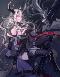  arknights bare_shoulders black_thighhighs breasts detached_sleeves female holding holding_weapon horns large_breasts long_hair matoimaru_(arknights) pointy_ears red_eyes ryuuzaki_ichi smile solo thighhighs very_long_hair weapon white_hair 