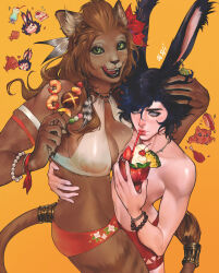  06svi 1boy absurdres animal_ears bikini black_hair bracelet breasts brown_hair cup drinking_straw female final_fantasy final_fantasy_xiv food furry furry_female hand_on_another&#039;s_head highres holding holding_skewer hrothgar jewelry lion_ears lion_girl lion_tail male_swimwear rabbit_ears skewer swim_trunks swimsuit tail tail_ornament tail_ring viera warrior_of_light_(ff14) wuk_lamat 