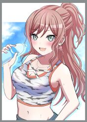  absurdres bang_dream! blush border bottle breasts brown_hair cleavage crop_top female green_eyes grey_border half_updo highres holding holding_bottle imai_lisa long_hair looking_at_viewer medium_breasts midriff navel open_mouth pocari_sweat sandman_(gm4zfijcwbz3g4y) sidelocks solo sparkle sweat upper_body 