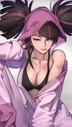  akisa_yositake black_bra black_hair bra breasts candy cleavage female food food_in_mouth hair_through_hood highres juri_han lollipop looking_at_viewer multicolored_hair off_shoulder official_alternate_costume official_alternate_hairstyle onesie open_pajamas pajamas smile solo streaked_hair street_fighter street_fighter_6 underwear 