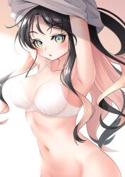  absurdres armpits arms_up black_hair blush bra breasts cleavage collarbone commentary_request contrapposto curly_hair female green_eyes highres kantai_collection long_hair looking_at_viewer makura_(y_makura) medium_breasts multicolored_hair naganami_(kancolle) navel no_panties parted_lips pink_hair shirt shirt_over_head shirt_partially_removed solo two-tone_hair underwear undressing upper_body wavy_hair white_bra white_shirt 